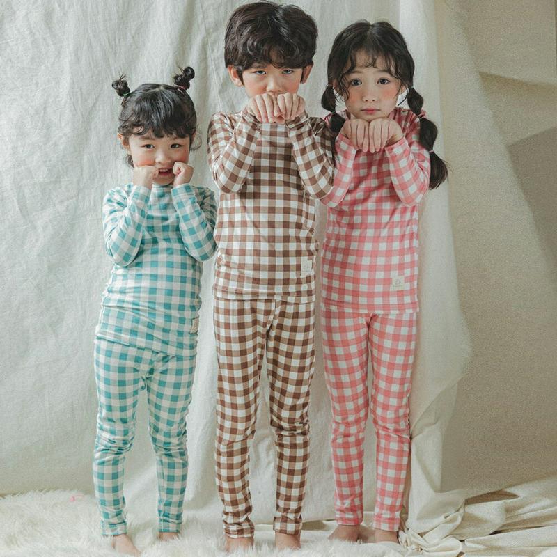 起毛チェックパジャマSET(ブラウン)・p008248 キッズ【3~8才】【uw】【パジャマ ルームウェア 部屋着 起毛 チェック柄 ギンガムチェック トップス パンツ かわいい 女の子 男の子 冬 韓国 韓国子供服 子供 こども 子供服 こども服】【KIDS】