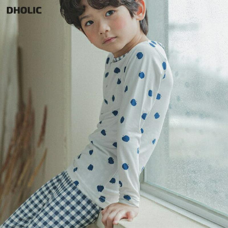 アップルパジャマSET(ネイビー)・p008237 キッズ【3~8才】【uw】【パジャマ ルームウェア 部屋着 トップス　パンツ チェック柄 ギンガムチェック リンゴ りんご かわいい 女の子 男の子 韓国 韓国子供服 子供 こども 子供服 こども服】【KIDS】