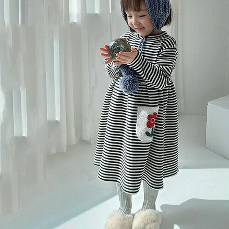 【キッズ20%OFF】フラワーボアポイントボーダーワンピース・u08313 キッズ【3~8才】【ops】【ワンピース ミディ丈 