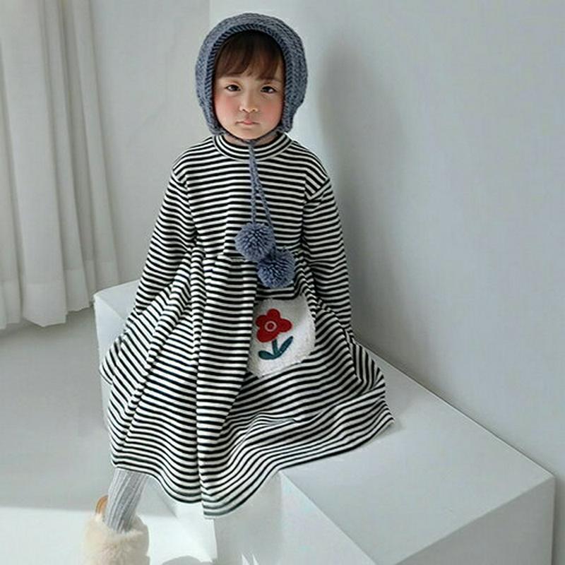 【キッズ20%OFF】フラワーボアポイントボーダーワンピース・u08313 キッズ【3~8才】【ops】【ワンピース ミディ丈 