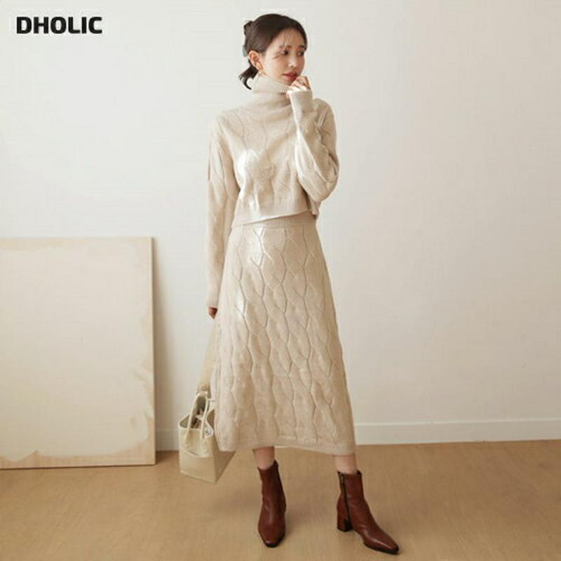 ツイストタートルネックニット&スカートSET・全3色・t60998 レディース【ops】【韓国 ファッション セットアップ setup ニット 長袖 クロップド丈 クロップド タートルネック スカート ロングスカート ツイスト Hライン ウエストゴム シンプル 大人 秋 冬】