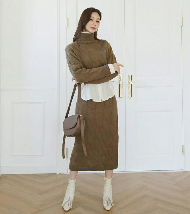 ツイストタートルネックニット&スカートSET・全3色・t60998 レディース【ops】【韓国 ファッション セットアップ setup ニット 長袖 クロップド丈 クロップド タートルネック スカート ロングスカート ツイスト Hライン ウエストゴム シンプル 大人 秋 冬】