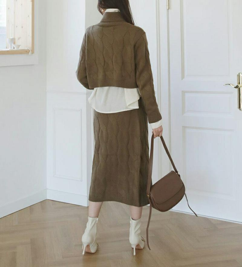 ツイストタートルネックニット&スカートSET・全3色・t60998 レディース【ops】【韓国 ファッション セットアップ setup ニット 長袖 クロップド丈 クロップド タートルネック スカート ロングスカート ツイスト Hライン ウエストゴム シンプル 大人 秋 冬】