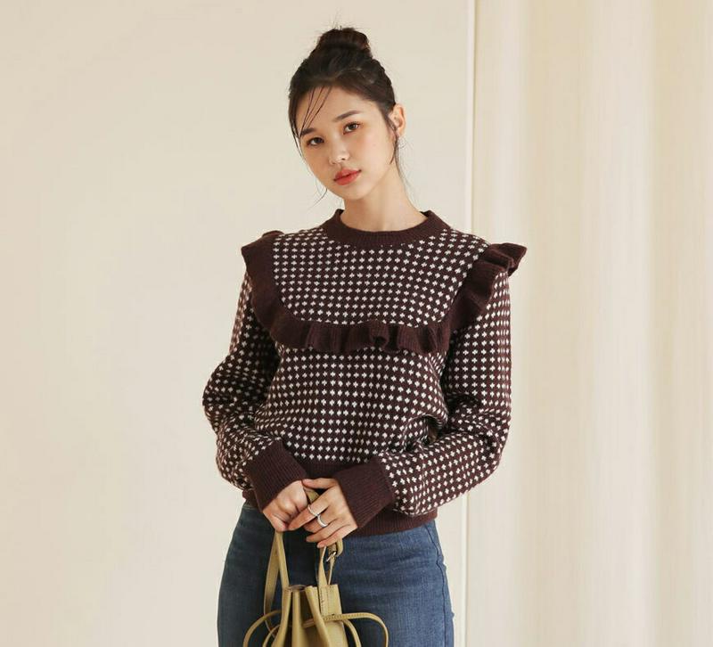 ドットフリルニット・全2色・b64409 レディース 【tops】【韓国 ファッション トップス ニット ラウンドネック クルー