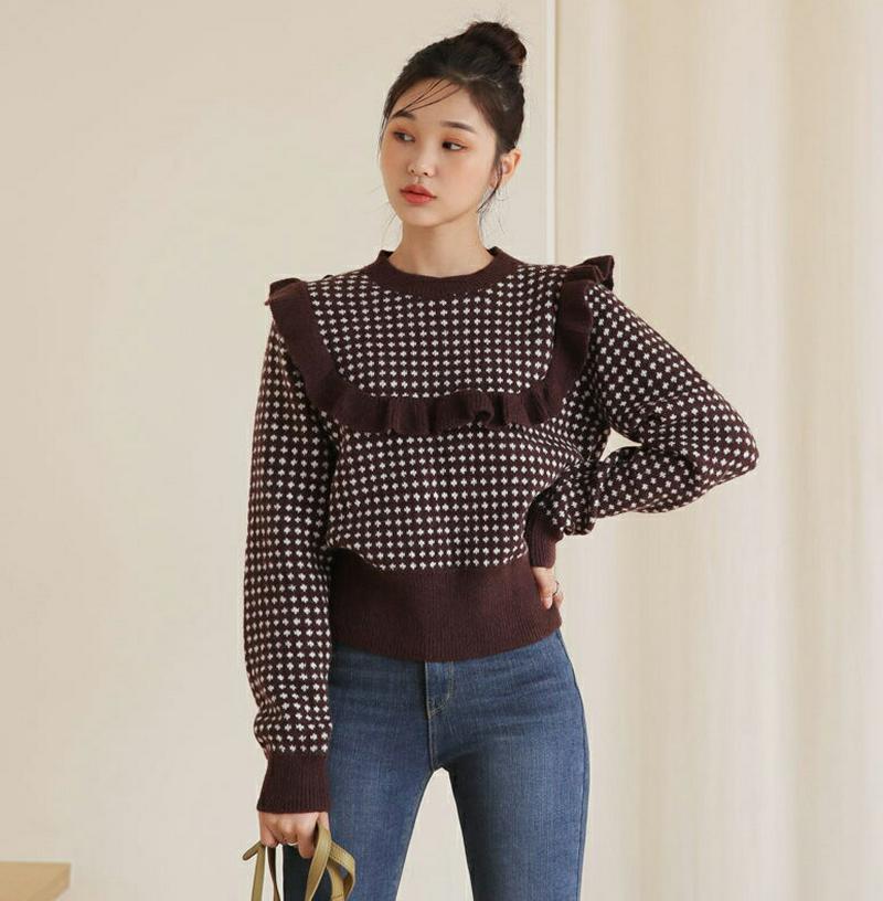 ドットフリルニット・全2色・b64409 レディース 【tops】【韓国 ファッション トップス ニット ラウンドネック クルー