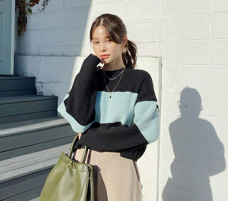 【新作10%OFF】配色ラウンドニット・全3色・t64915 レディース【tops】【韓国 ファッション トップス ニット ニッ