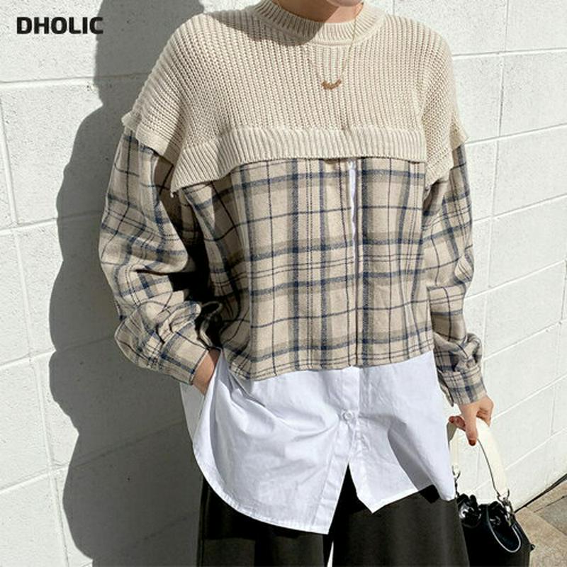 【新作10%OFF】チェックシャツレイヤードニット・全2色・b64928 レディース【tops】【韓国 ファッション トップス 