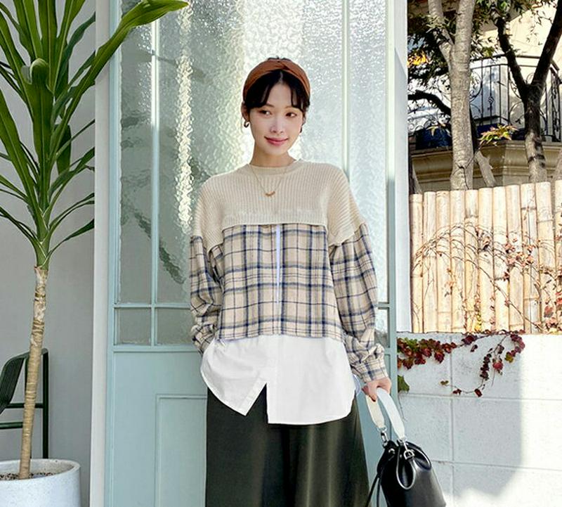 【新作10%OFF】チェックシャツレイヤードニット・全2色・b64928 レディース【tops】【韓国 ファッション トップス 