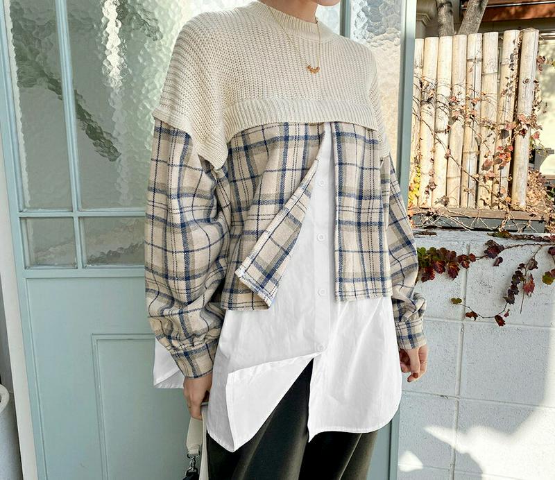 【新作10%OFF】チェックシャツレイヤードニット・全2色・b64928 レディース【tops】【韓国 ファッション トップス 