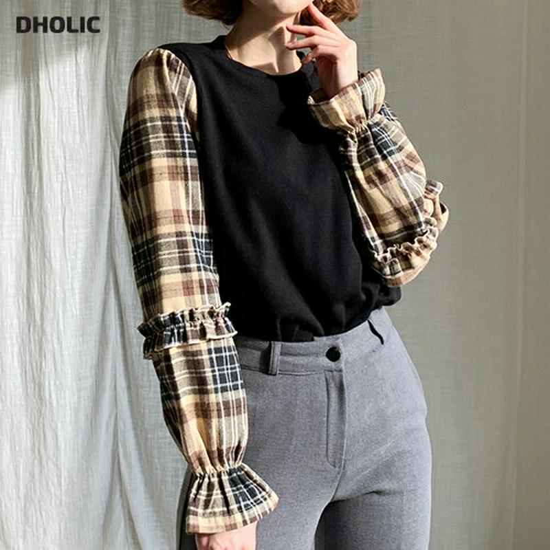 【新作10%OFF】チェックスリーブTシャツ・全3色・b56162 レディース【tops】【韓国 ファッション トップス Tシャ
