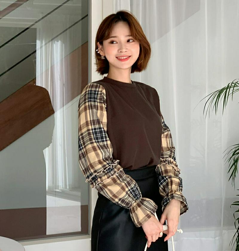 【新作10%OFF】チェックスリーブTシャツ・全3色・b56162 レディース【tops】【韓国 ファッション トップス Tシャ
