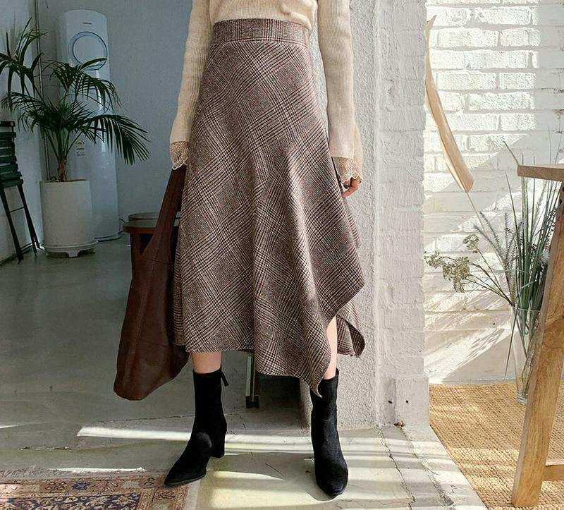 ラッフルチェックスカート・全2色・t56183 レディース【sk】【韓国 ファッション ボトムス スカート ロング丈 ロングスカート ラッフル チェック柄 グレンチェック Hライン バックゴム シンプル シック 大人 上品 秋 冬】