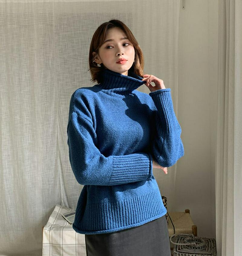 【只今10%OFF】ロールハイネックニット・全5色・t56168 レディース【tops】【韓国 ファッション トップス ニット ニットトップス ロングスリーブ 長袖 ハイネック ロールヘム シンプル 単色 無地 カジュアル リブ ラフ 秋 冬】
