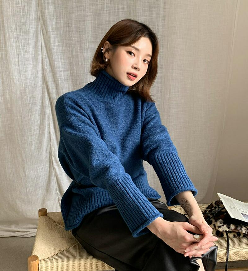 【只今10%OFF】ロールハイネックニット・全5色・t56168 レディース【tops】【韓国 ファッション トップス ニット ニットトップス ロングスリーブ 長袖 ハイネック ロールヘム シンプル 単色 無地 カジュアル リブ ラフ 秋 冬】