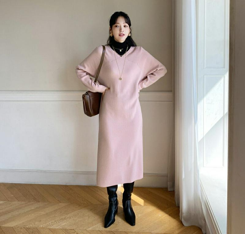 【新作10%OFF】Vネックニットロングワンピース・全4色・b64929 レディース【ops】【韓国 ファッション ワンピース 