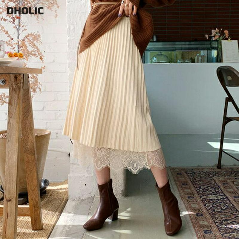 ニットレースリバーシブルスカート・全2色・b56188 レディース【sk】【韓国 ファッション ボトムス スカート ロング丈 ロングスカート ニット レース プリーツ プリーツスカート リバーシブル ウエストゴム 楽ちん シンプル 上品 大人 秋 冬】