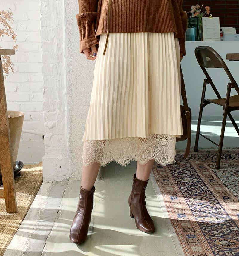 ニットレースリバーシブルスカート・全2色・b56188 レディース【sk】【韓国 ファッション ボトムス スカート ロング丈 ロングスカート ニット レース プリーツ プリーツスカート リバーシブル ウエストゴム 楽ちん シンプル 上品 大人 秋 冬】