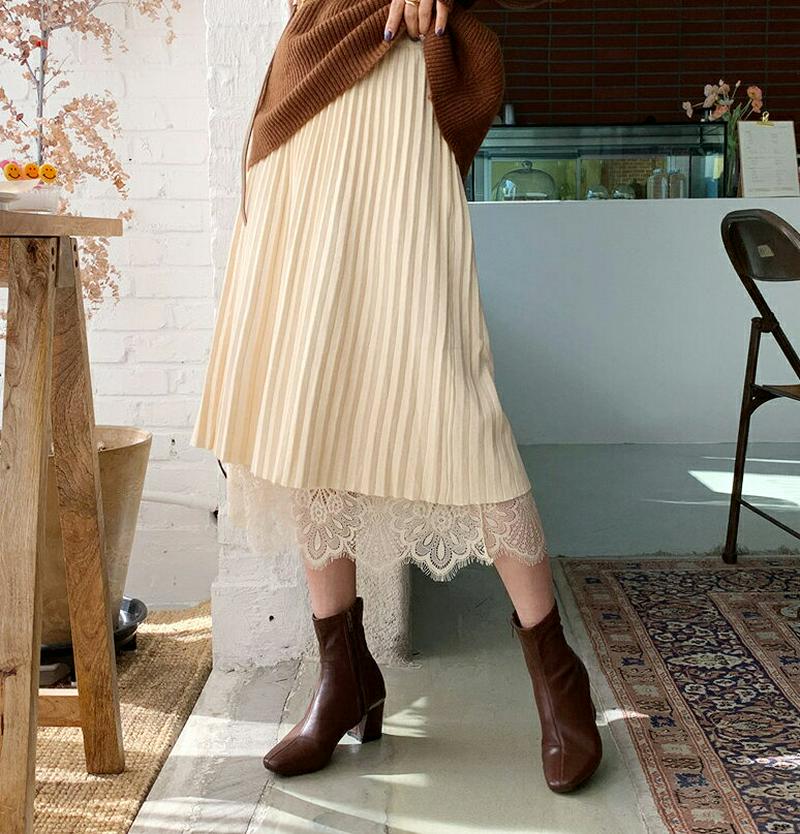 ニットレースリバーシブルスカート・全2色・b56188 レディース【sk】【韓国 ファッション ボトムス スカート ロング丈 ロングスカート ニット レース プリーツ プリーツスカート リバーシブル ウエストゴム 楽ちん シンプル 上品 大人 秋 冬】