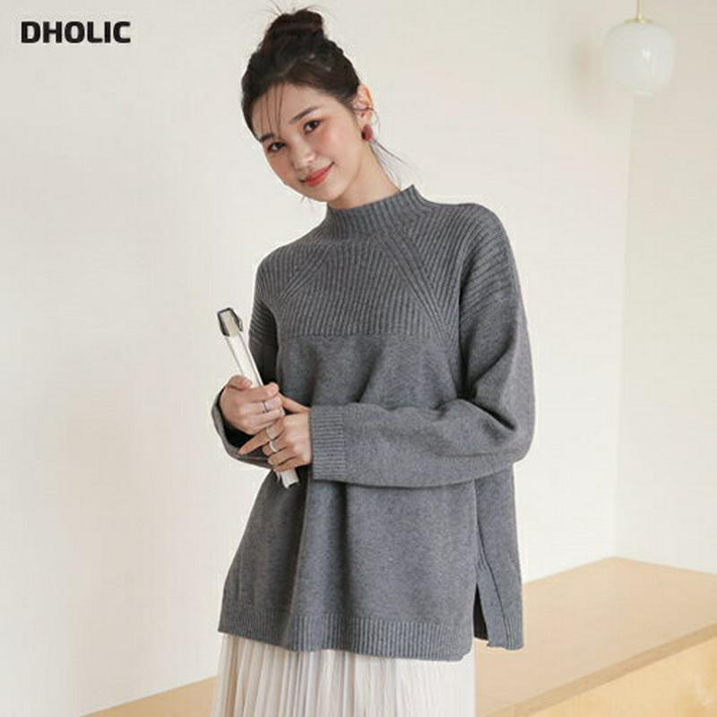 ハーフネックリブニット・全4色・b64406 レディース 【tops】トップス ニット 年上 ロング ロングニット ハーフネック リブ ルース ゆったり 無地 楽ちん スリム 細身 大人 カジュアル もちもち 年上 高見え 秋 冬