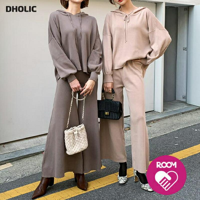 ★人気ブロガーeri.さんコラボ商品★ドロストフードニット&パンツSET・全3色・b61554 レディース 【pt】【韓国 ファッション セットアップ ワンマイルウェア ルームウェア 長袖 ズボン ワイドパンツ 単色 無地 フーディ パーカー ウエストゴム ニット 春】