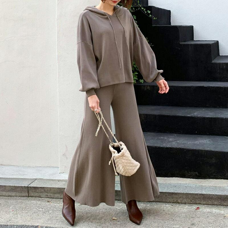 ★人気ブロガーeri.さんコラボ商品★ドロストフードニット&パンツSET・全3色・b61554 レディース 【pt】【韓国 ファッション セットアップ ワンマイルウェア ルームウェア 長袖 ズボン ワイドパンツ 単色 無地 フーディ パーカー ウエストゴム ニット 春】