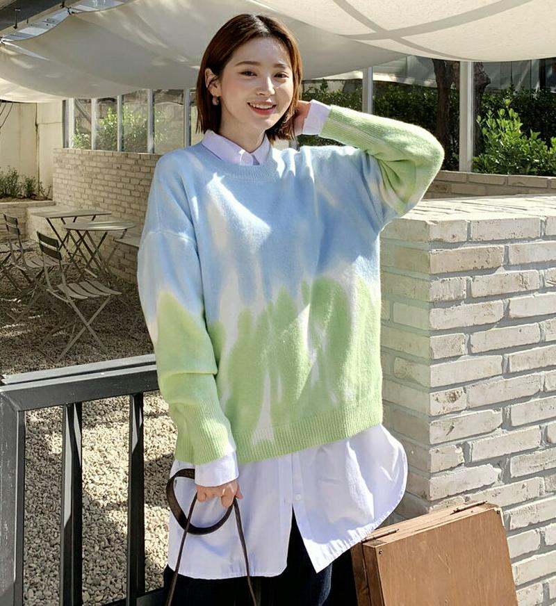 ウォーターカラーニット・全3色・t61642 レディース【tops】【韓国 ファッション トップス ニット ニットトップス ロングスリーブ 長袖 ラウンドネック ユニーク ウォーターカラー パターン パステル カジュアル ゆったり ラフ 秋 冬】