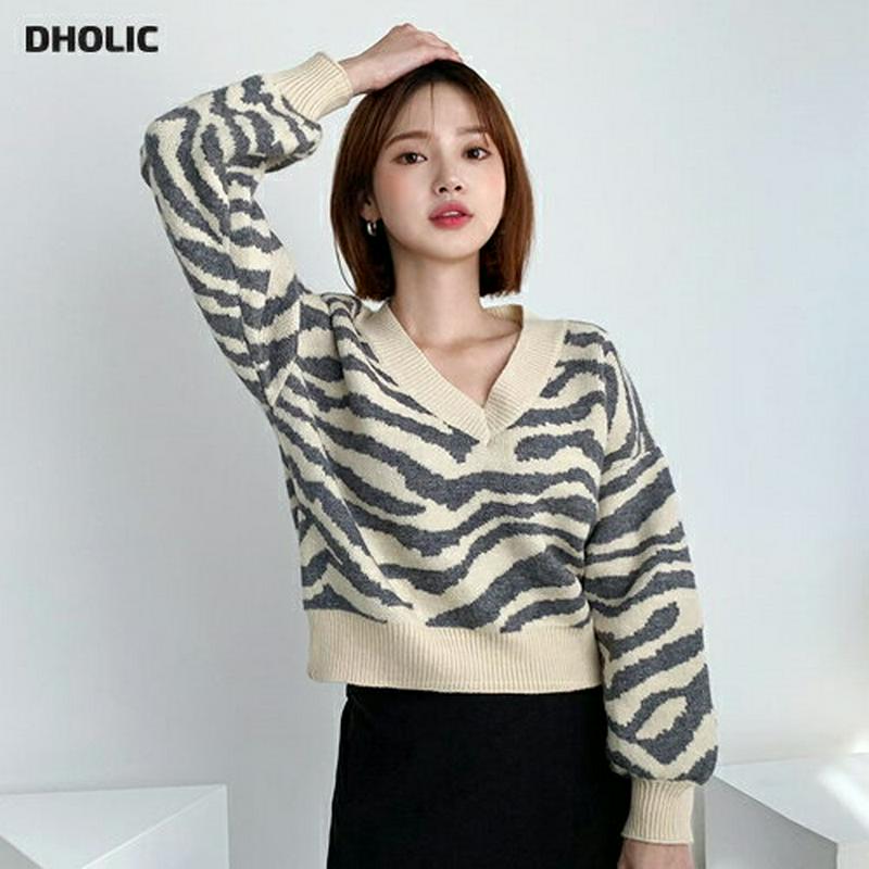 【新作10%OFF】Vネックゼブラパターンニット・全3色・t61640 レディース【tops】【韓国 ファッション トップス ニ