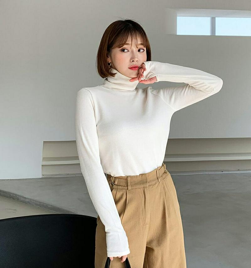 裏起毛タートルネックTシャツ・全3色・t61621 レディース【tops】【韓国 ファッション トップス Tシャツ ロングスリーブ 長袖 タートルネック 裏起毛 シンプル 単色 無地 カジュアル クロップド クロップド丈 指穴付き ホール付き 秋 冬】