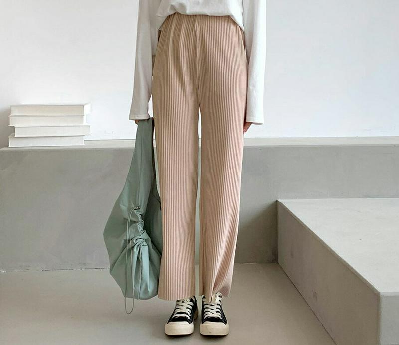 リブワイドパンツ・全3色・b61651 レディース【pt】【韓国 ファッション ボトムス ズボン パンツ ロング丈 ワイド ロン