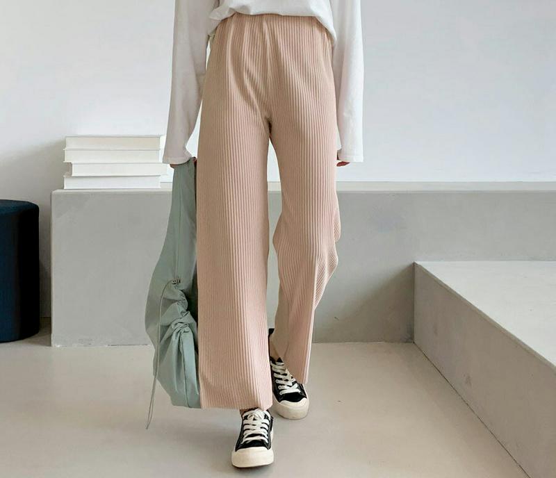 リブワイドパンツ・全3色・b61651 レディース【pt】【韓国 ファッション ボトムス ズボン パンツ ロング丈 ワイド ロン