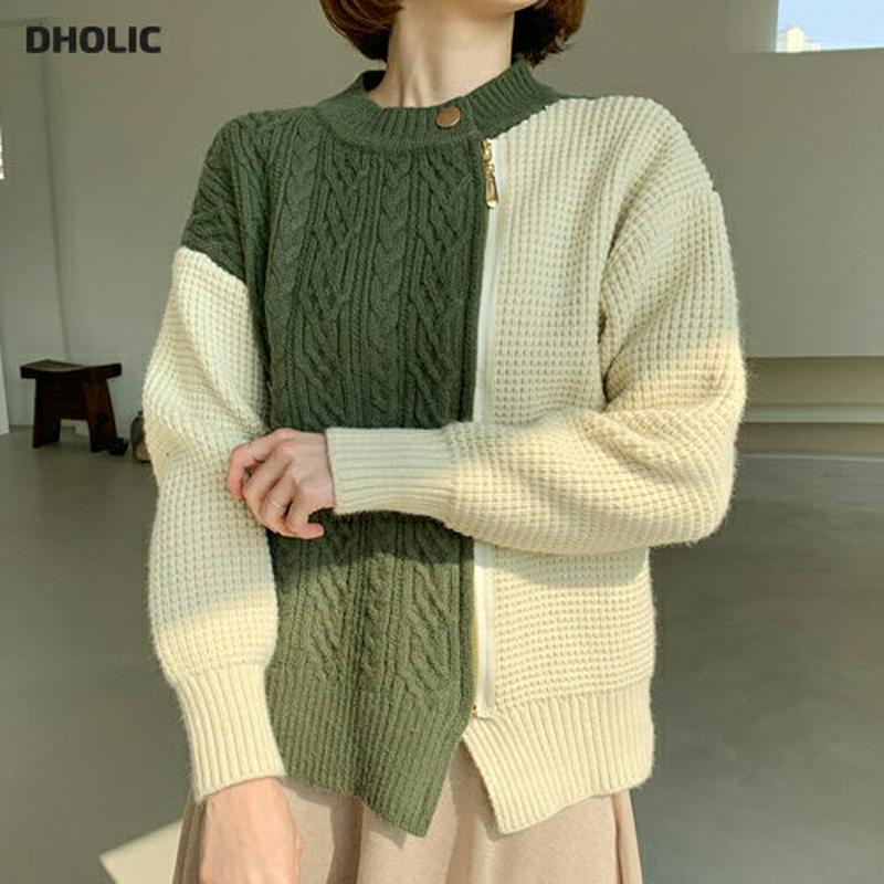 バイカラージップアップニット・全3色・b61627 レディース【tops】【韓国 ファッション トップス ニット ニットトップス 長袖 ロングスリーブ ラウンドネック 配色 バイカラー ジップアップ ボタン スリット ワッフル ツイスト カジュアル 秋 冬】