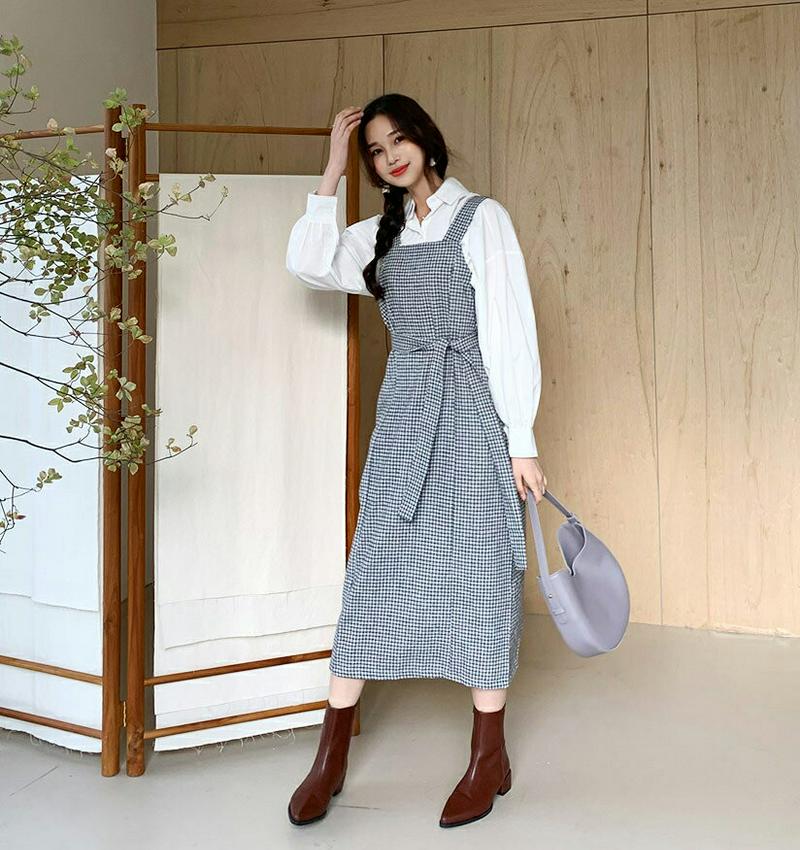ストラップ付チェックノースリワンピース・全2色・t61629 レディース【ops】【韓国 ファッション ワンピース ロングワンピ