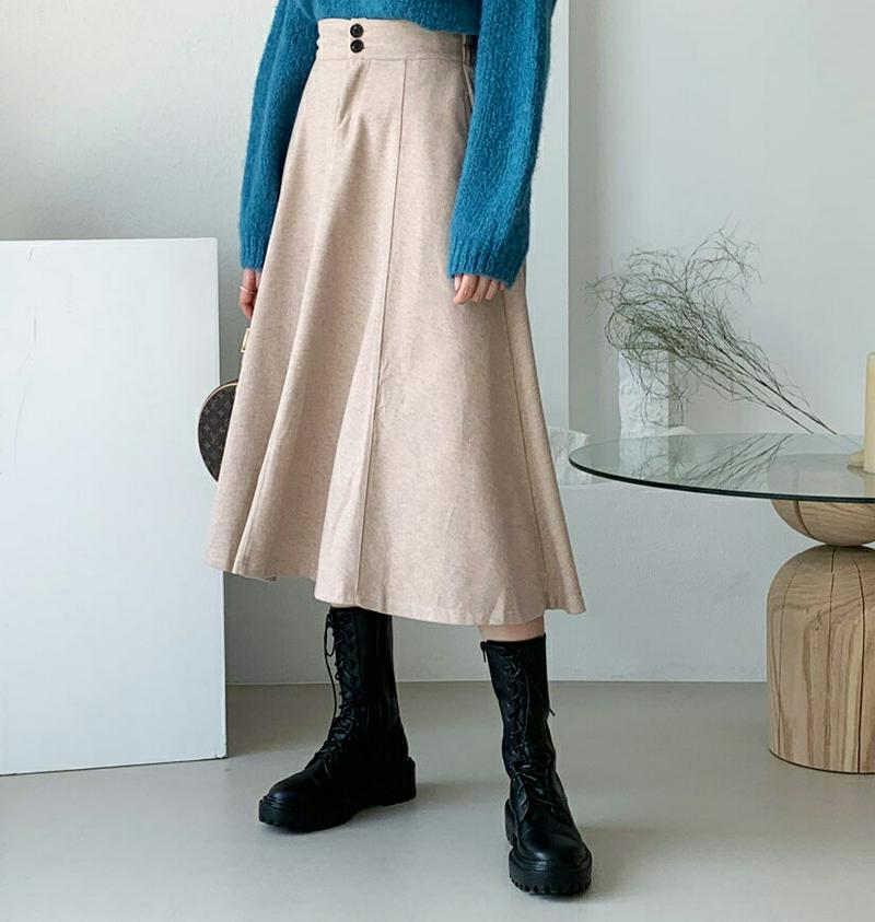 ツーボタンフレアスカート・全3色・t61649 レディース【sk】【韓国 ファッション ボトムス スカート ロング丈 ロングスカ