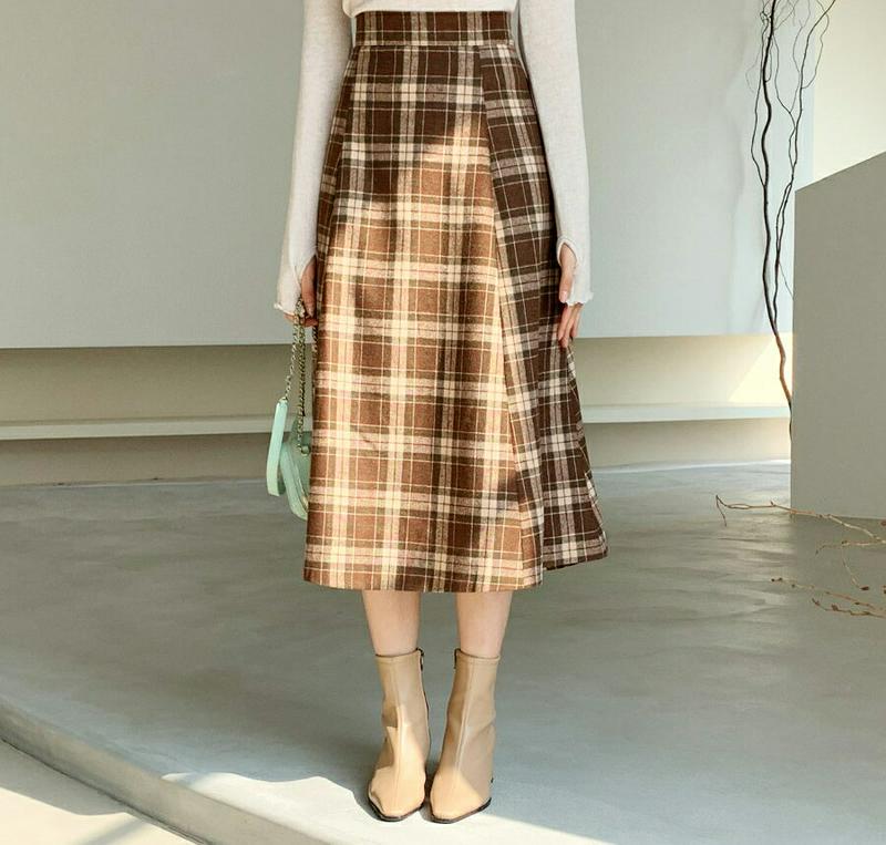 ウール混チェックフレアスカート・全2色・t61650 レディース【sk】【韓国 ファッション ボトムス スカート ロング丈 ロン