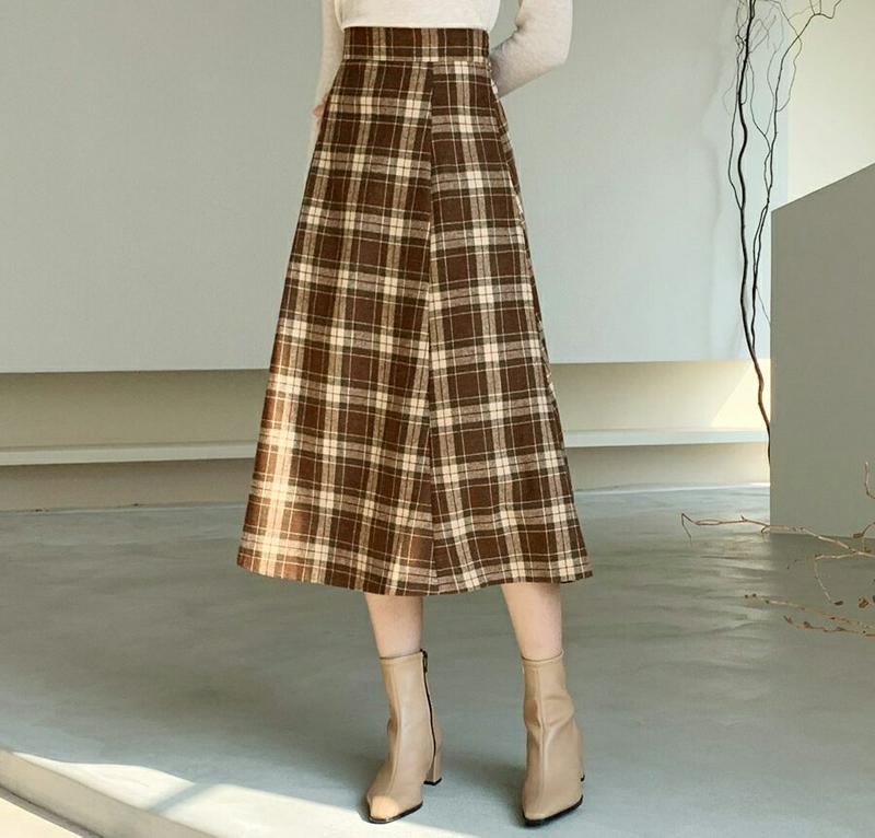 ウール混チェックフレアスカート・全2色・t61650 レディース【sk】【韓国 ファッション ボトムス スカート ロング丈 ロン
