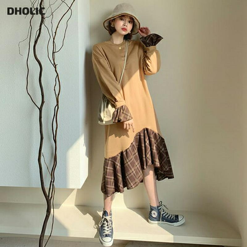 【只今10%OFF】裏起毛チェックへムワンピース・全2色・b61638 レディース【ops】【韓国 ファッション ワンピース ロングワンピース 長袖 ロングスリーブ ラウンドネック チェック柄 裏起毛 フレア ルーズ ゆったり カジュアル ガーリー 秋 冬】