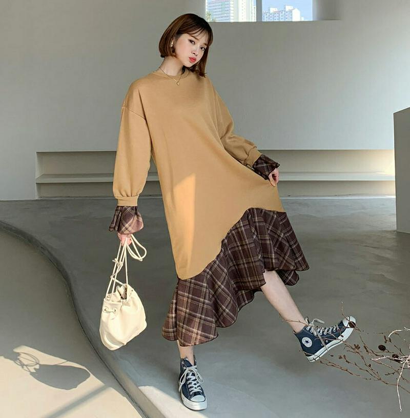 【只今10%OFF】裏起毛チェックへムワンピース・全2色・b61638 レディース【ops】【韓国 ファッション ワンピース ロングワンピース 長袖 ロングスリーブ ラウンドネック チェック柄 裏起毛 フレア ルーズ ゆったり カジュアル ガーリー 秋 冬】