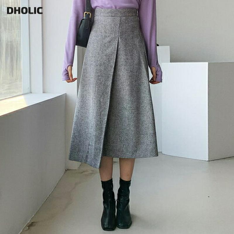 【只今10%OFF】ラップ調ヘリンボーンスカート・全2色・t61648 レディース【sk】【韓国 ファッション ボトムス スカート ロング丈 ロングスカート ラップスカート ヘリンボーン 生地 Aライン アンバランス バックゴム シンプル 大人 シック 上品 秋 冬】