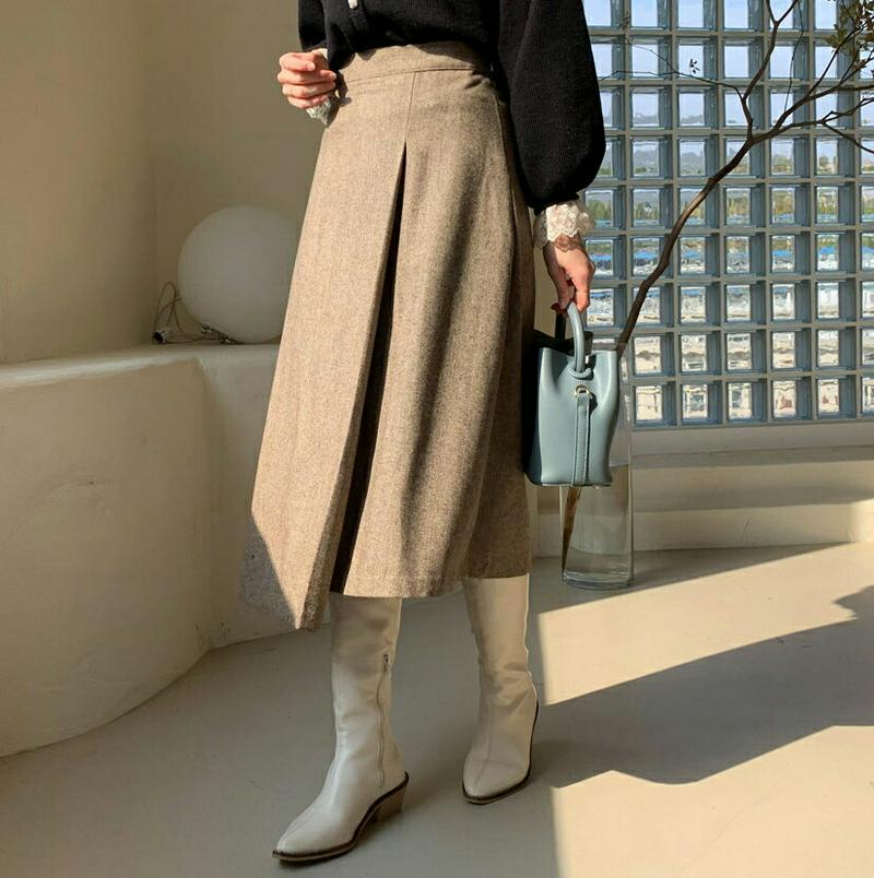 【只今10%OFF】ラップ調ヘリンボーンスカート・全2色・t61648 レディース【sk】【韓国 ファッション ボトムス スカート ロング丈 ロングスカート ラップスカート ヘリンボーン 生地 Aライン アンバランス バックゴム シンプル 大人 シック 上品 秋 冬】