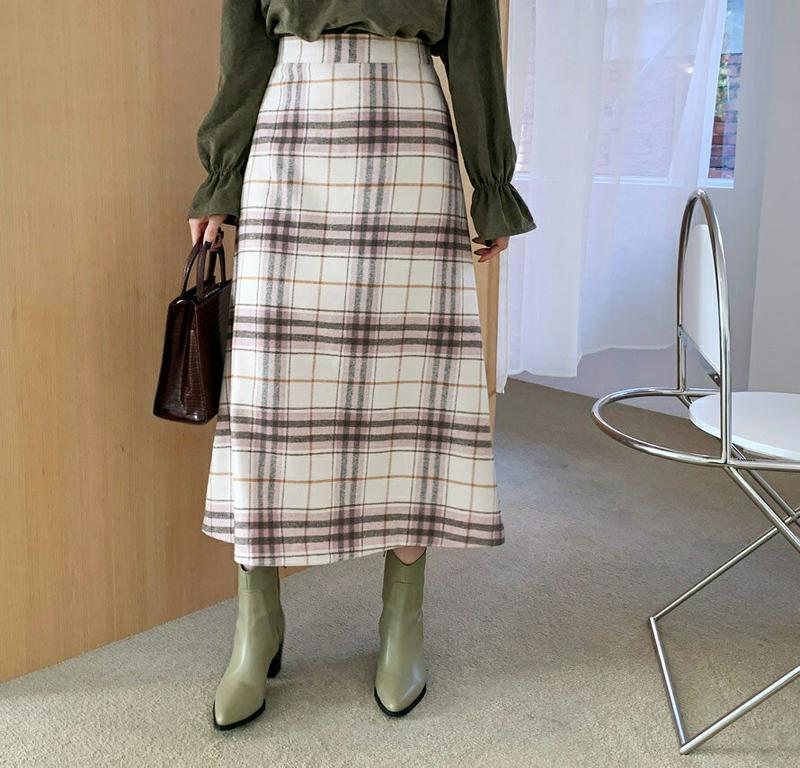 ウール混チェックスカート・全2色・t64889 レディース【sk】【韓国 ファッション ボトムス スカート ロング丈 ロングスカ