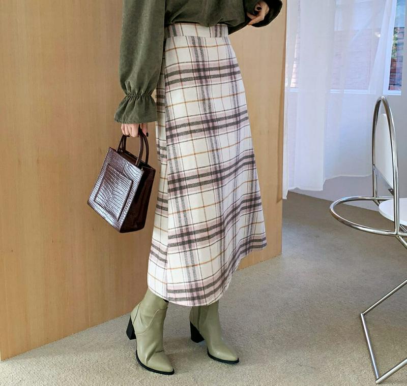 ウール混チェックスカート・全2色・t64889 レディース【sk】【韓国 ファッション ボトムス スカート ロング丈 ロングスカ