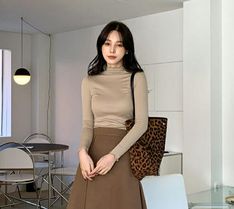 【大感謝祭特価】ウェーブハイネックTシャツ・全4色・e64995 レディース【tops】 韓国ファッション トップス Tシャツ ロングスリーブ 長袖 ウェーブ ハイネック シンプル リブ スリム 単色 無地 カジュアル ラフ 春 秋 冬 ハイホリHIHOLLI セール
