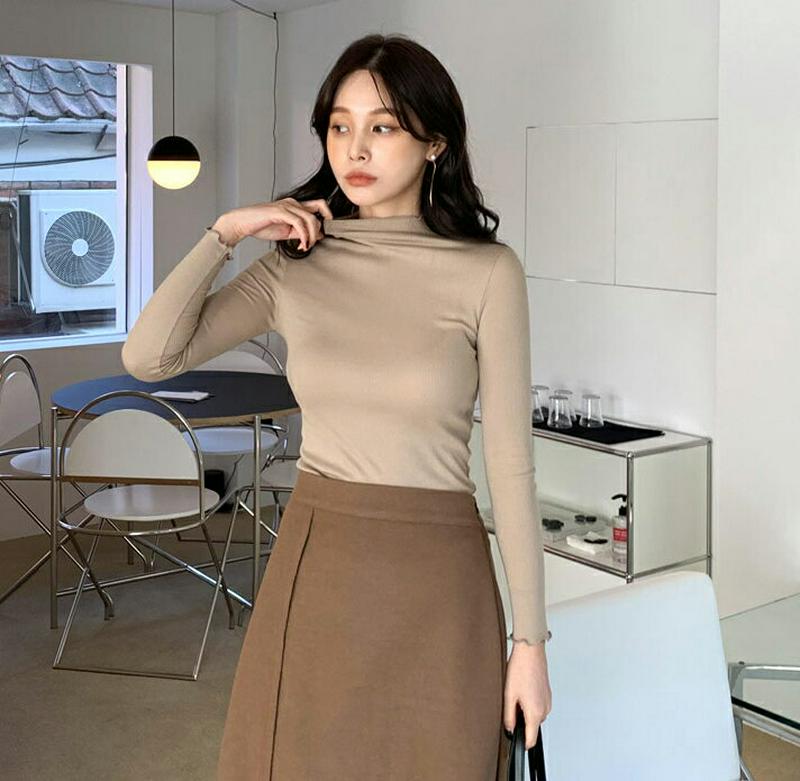 【大感謝祭特価】ウェーブハイネックTシャツ・全4色・e64995 レディース【tops】 韓国ファッション トップス Tシャツ ロングスリーブ 長袖 ウェーブ ハイネック シンプル リブ スリム 単色 無地 カジュアル ラフ 春 秋 冬 ハイホリHIHOLLI セール
