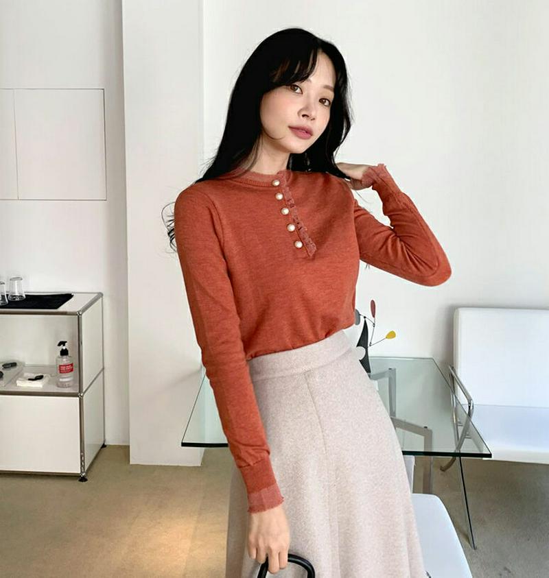シアーヘムパールボタンニット・全3色・b64875 レディース【tops】【韓国 ファッション トップス ニット ニットトップス