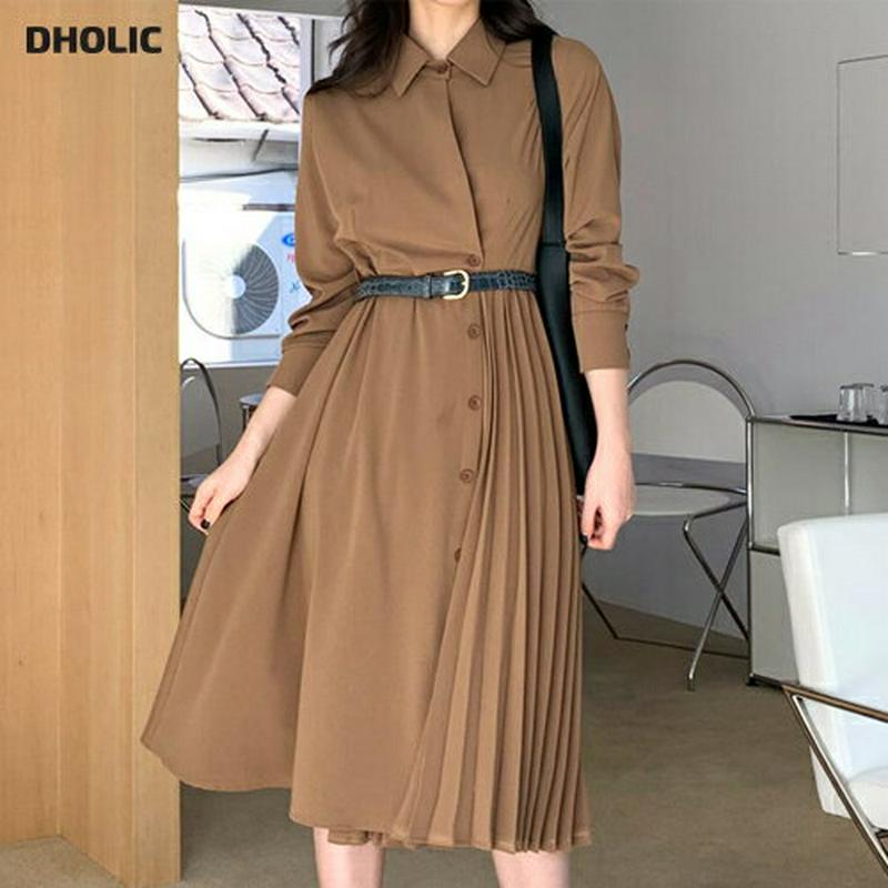 【全品10%OFF】ベルト付プリーツカラーワンピース・全2色・t64882 レディース【ops】【韓国 ファッション ワンピース ミディ丈 ミディワンピース シャツワンピース 長袖 ロングスリーブ ベルト ボタン プリーツ 揺れ感 シンプル 大人 上品 秋 冬】【ハイホリHIHOLLI】