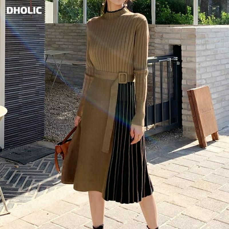 ベルト付配色プリーツワンピース・全2色・e61646 レディース【ops】【韓国 ファッション ワンピース ミディ丈 ミディワンピース ロングスリーブ 長袖 ハーフネック ベルト プリーツ 配色 シンプル フェミニン 大人 上品 秋 冬】