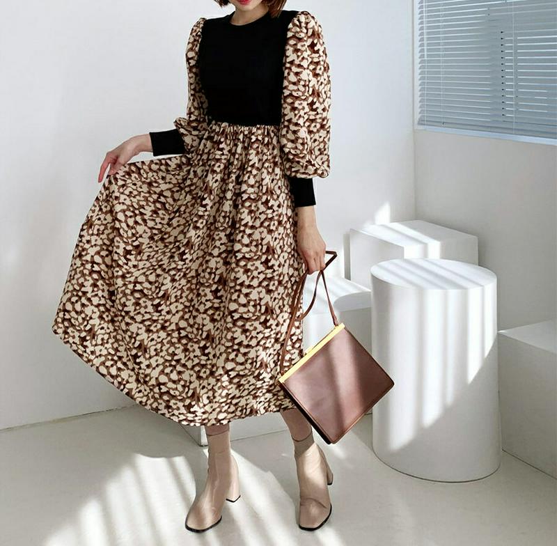 【新作10%OFF】パターンコントラストワンピース・全2色・b61650 レディース【ops】【韓国 ファッション ワンピース 