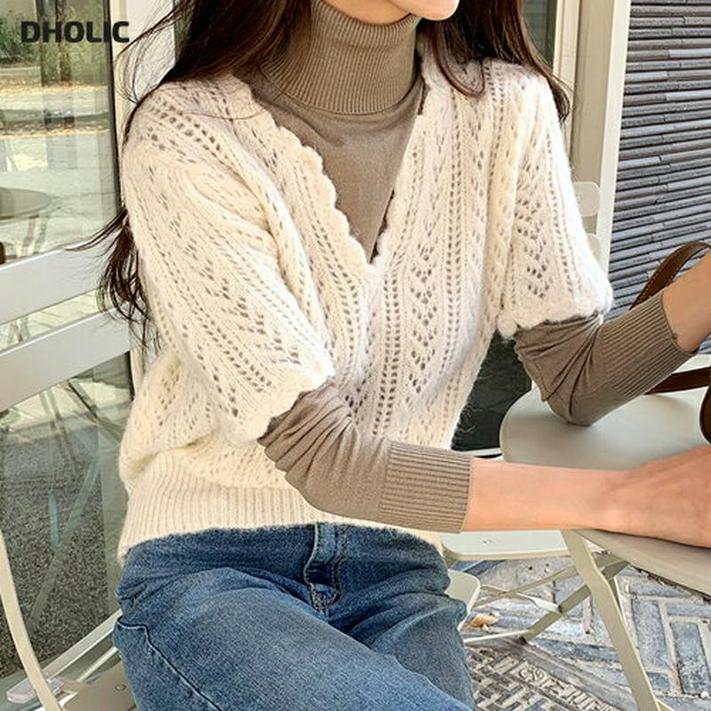 【新作10%OFF】Vネックパンチングニット・全2色・t61662 レディース【tops】【韓国 ファッション トップス ニット