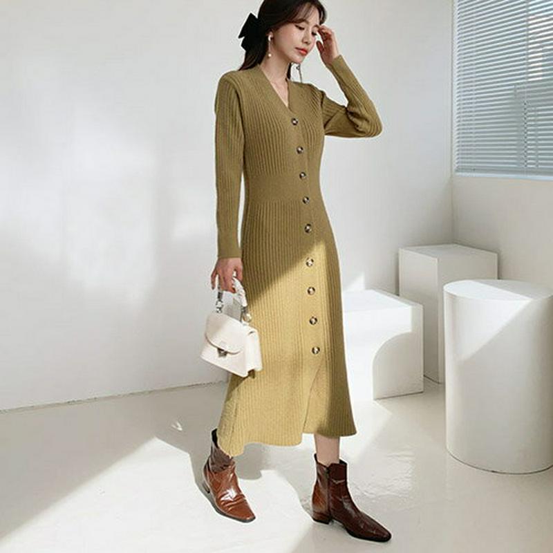 【新作10%OFF】ウール混ボタンニットワンピース・全3色・b61656 レディース【ops】【韓国 ファッション ワンピース 