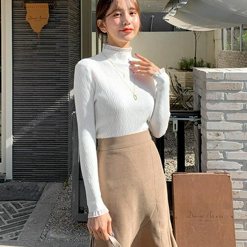 シアーヘムリンクルニット・全2色・e61617 レディース【tops】【韓国 ファッション トップス ニット ニットトップス ロングスリーブ 長袖 ハーフネック シアー リンクル シワ スリム シンプル 単色 無地 大人 上品 秋 冬】